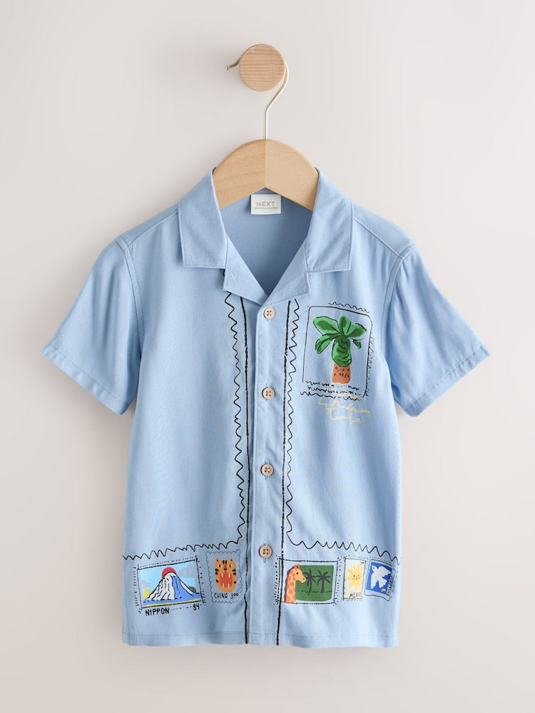 Blue Palm Print Short Sleeve Revere Collar Printed Shirt (3mths-7yrs)