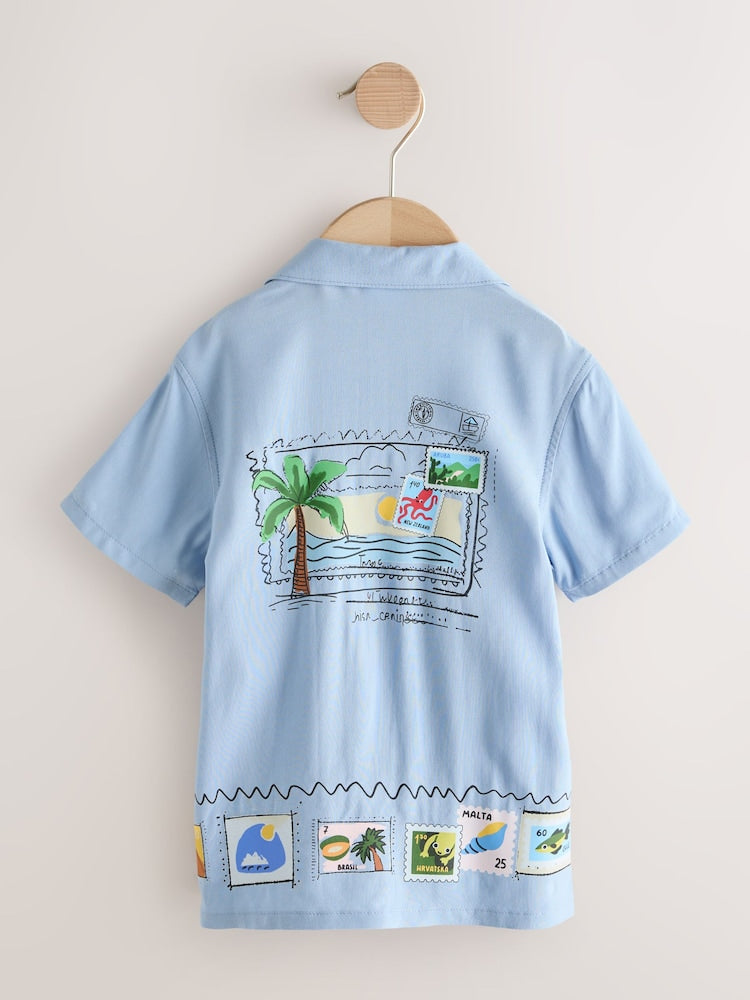 Blue Palm Print Short Sleeve Revere Collar Printed Shirt (3mths-7yrs)