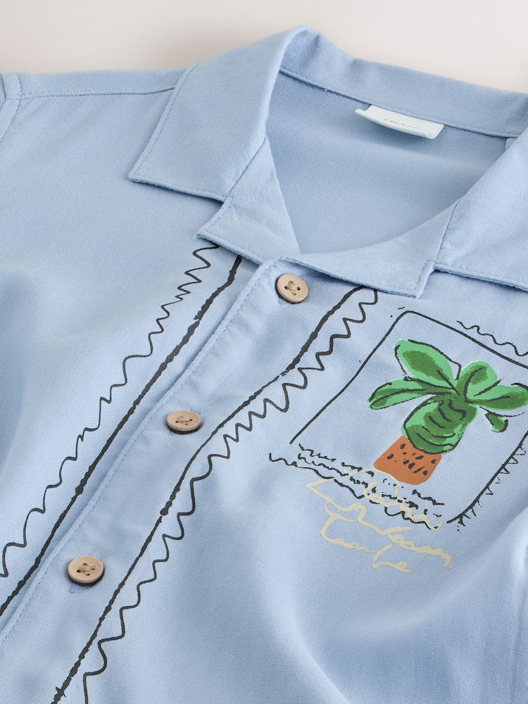 Blue Palm Print Short Sleeve Revere Collar Printed Shirt (3mths-7yrs)