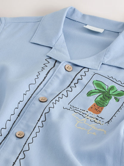 Blue Palm Print Short Sleeve Revere Collar Printed Shirt (3mths-7yrs)