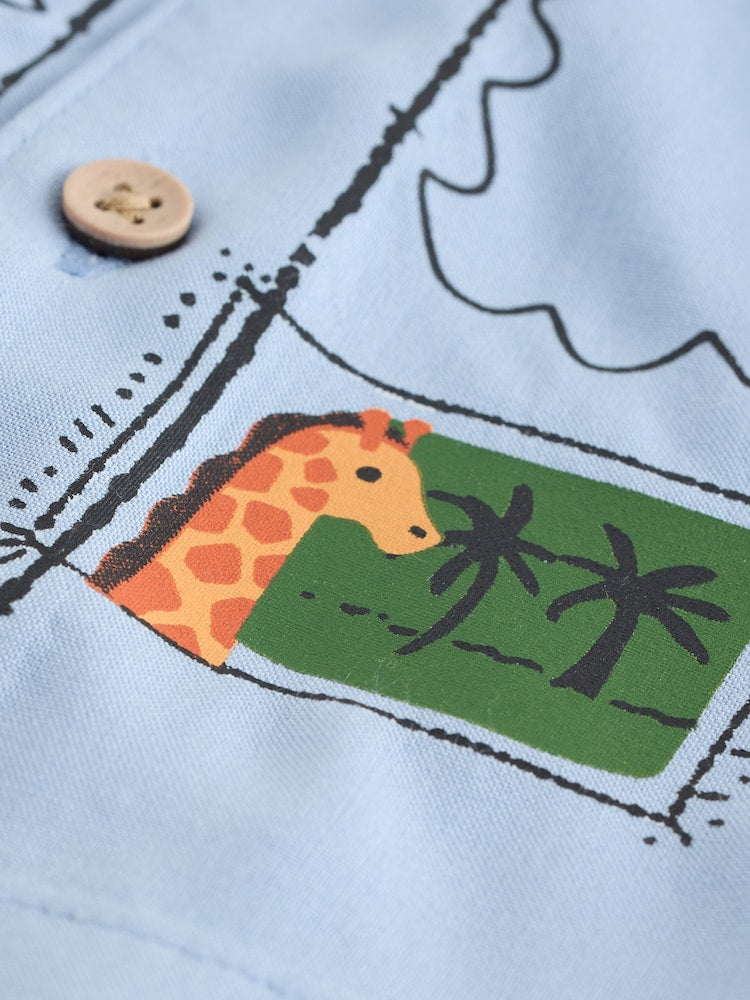 Blue Palm Print Short Sleeve Revere Collar Printed Shirt (3mths-7yrs)