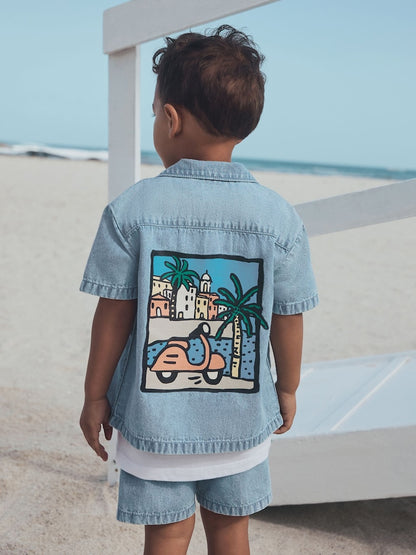Blue Denim Palm Embroidery Short Sleeve Revere Collar Shirt &amp; Shorts Set (3mths-10yrs)
