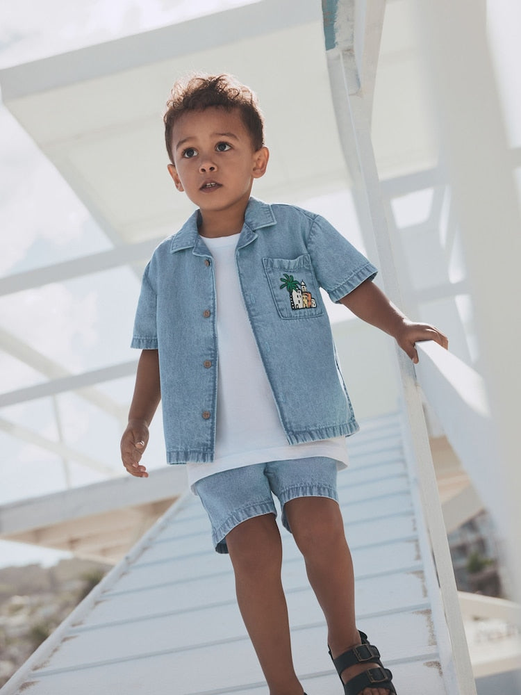 Blue Denim Palm Embroidery Short Sleeve Revere Collar Shirt &amp; Shorts Set (3mths-10yrs)