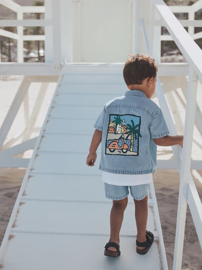 Blue Denim Palm Embroidery Short Sleeve Revere Collar Shirt &amp; Shorts Set (3mths-10yrs)