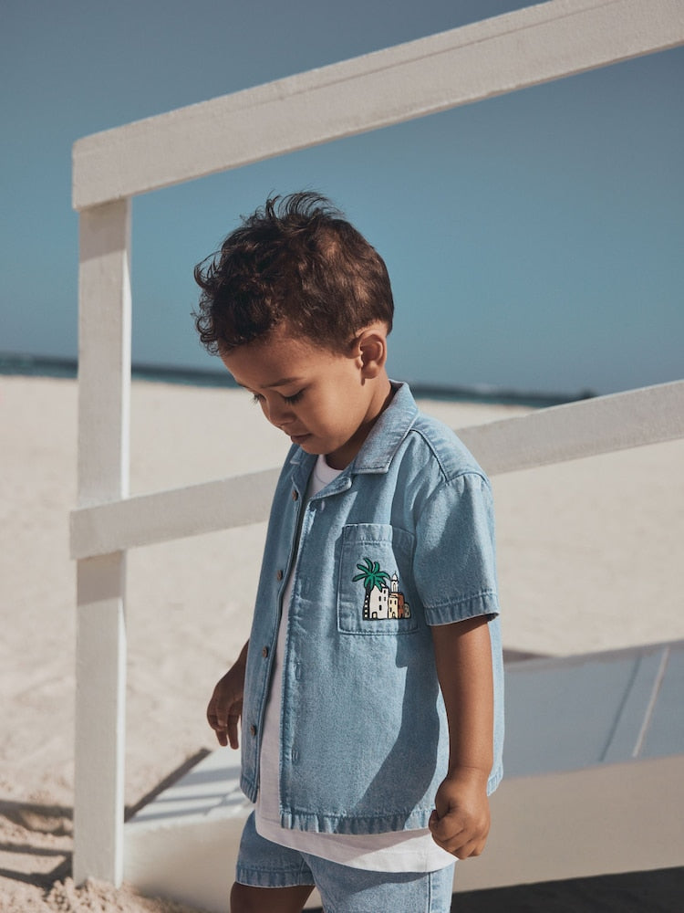 Blue Denim Palm Embroidery Short Sleeve Revere Collar Shirt &amp; Shorts Set (3mths-10yrs)