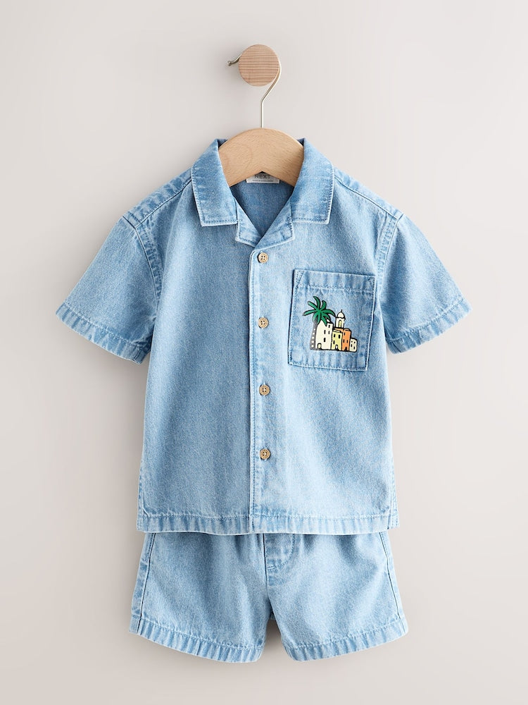 Blue Denim Palm Embroidery Short Sleeve Revere Collar Shirt &amp; Shorts Set (3mths-10yrs)