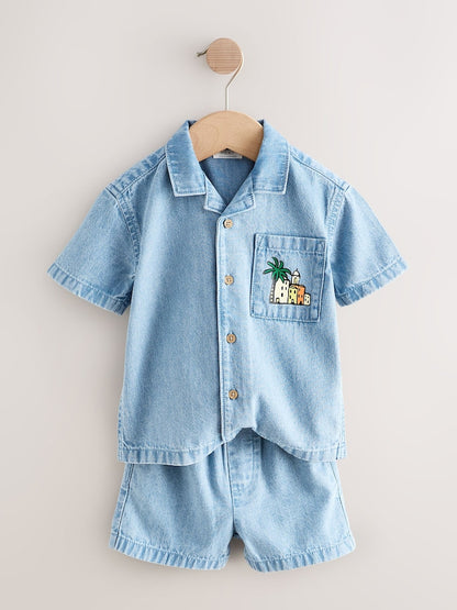 Blue Denim Palm Embroidery Short Sleeve Revere Collar Shirt &amp; Shorts Set (3mths-10yrs)