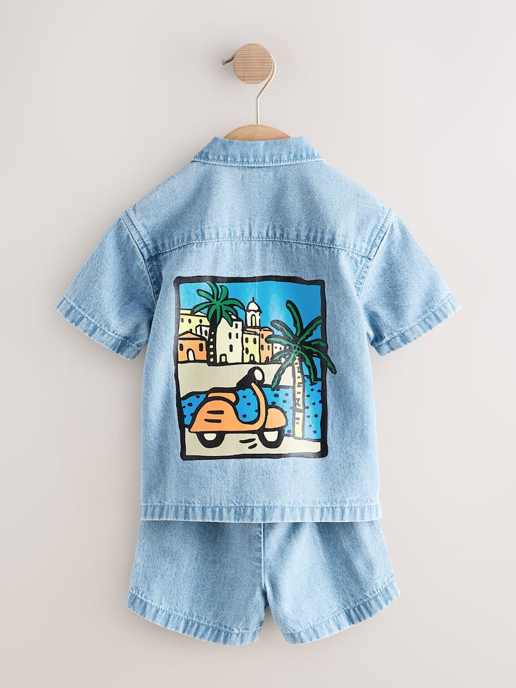 Blue Denim Palm Embroidery Short Sleeve Revere Collar Shirt &amp; Shorts Set (3mths-10yrs)