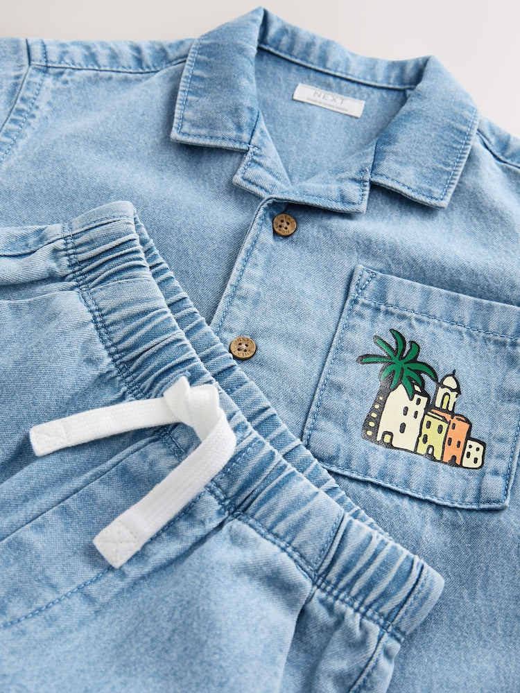 Blue Denim Palm Embroidery Short Sleeve Revere Collar Shirt &amp; Shorts Set (3mths-10yrs)