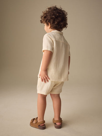 Ecru Plain Short Sleeve Double Cloth Shirt &amp; Shorts Set (3mths-10yrs) - Size 3-6 Months (62-68cm)