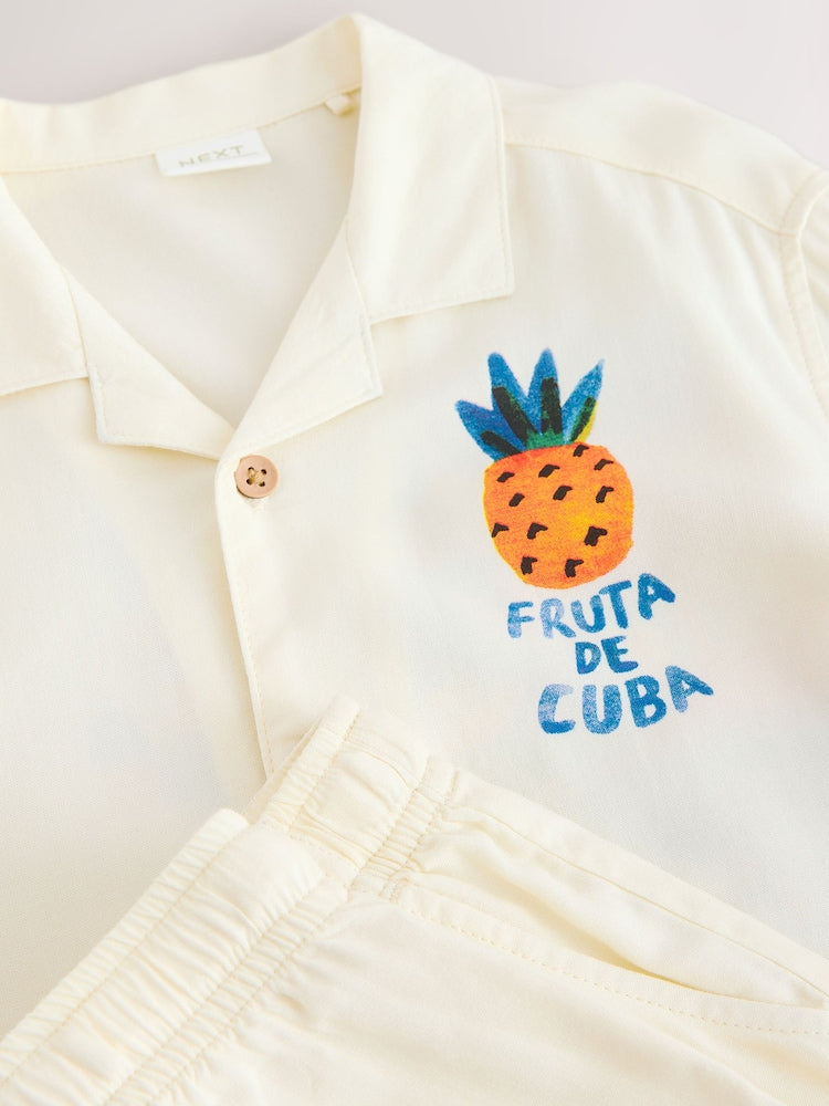 Ecru Fruta de Cuba Print Short Sleeve Revere Collar Shirt &amp; Shorts Set (3mths-10yrs)