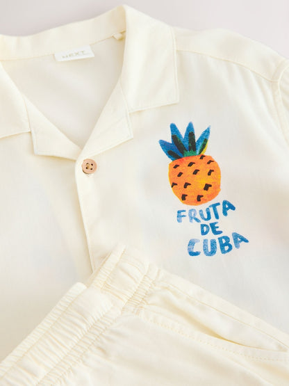 Ecru Fruta de Cuba Print Short Sleeve Revere Collar Shirt &amp; Shorts Set (3mths-10yrs)