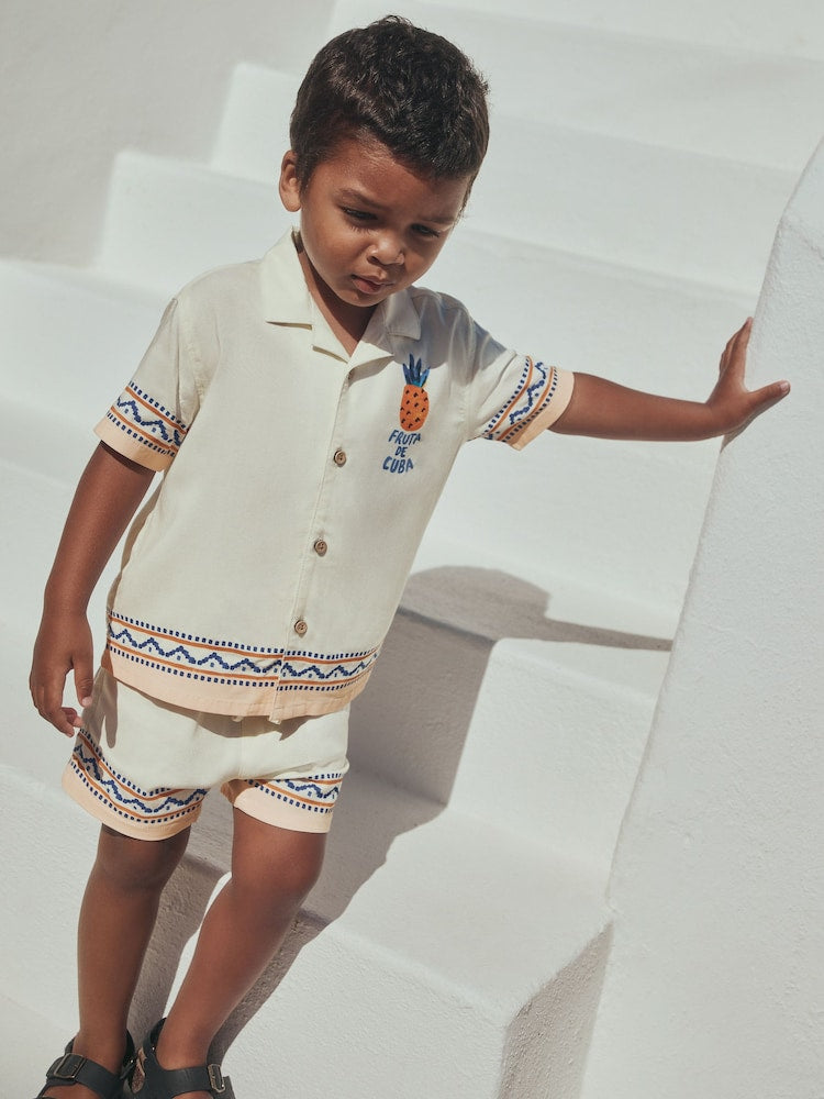 Ecru Fruta de Cuba Print Short Sleeve Revere Collar Shirt &amp; Shorts Set (3mths-10yrs)