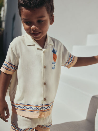 Ecru Fruta de Cuba Print Short Sleeve Revere Collar Shirt &amp; Shorts Set (3mths-10yrs)