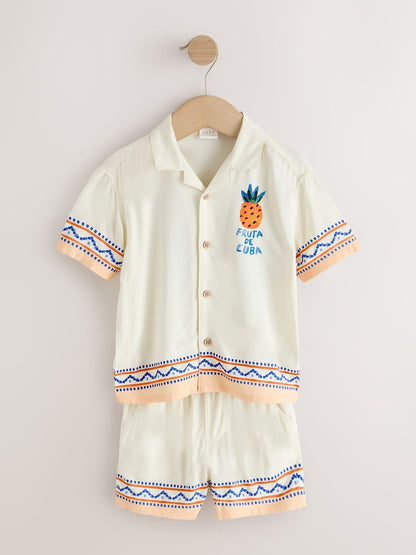 Ecru Fruta de Cuba Print Short Sleeve Revere Collar Shirt &amp; Shorts Set (3mths-10yrs)