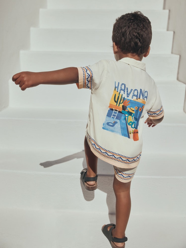 Ecru Fruta de Cuba Print Short Sleeve Revere Collar Shirt &amp; Shorts Set (3mths-10yrs)