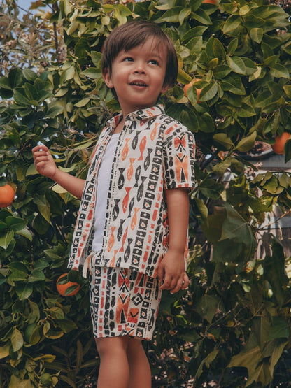 Ecru All Over Print Fish Short Sleeve AOP Shirt and Shorts Set (3mths-10yrs) - Size 3-6 Months (62-68cm) - Ecru All Over Print Fish