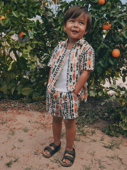 Ecru All Over Print Fish Short Sleeve AOP Shirt and Shorts Set (3mths-10yrs) - Size 3-6 Months (62-68cm)
