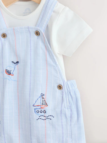 Blue Nautical Stripe Dungarees And Bodysuit Baby Set (0mths-2yrs)