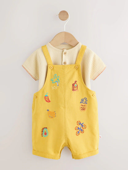 Yellow Fruit/Veg Print Dungarees And Bodysuit Baby Set (0mths-2yrs)