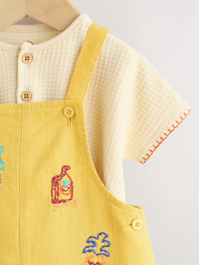 Yellow Fruit/Veg Print Dungarees And Bodysuit Baby Set (0mths-2yrs)