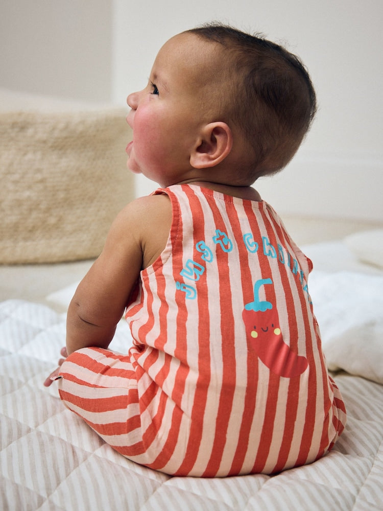 Red Stripe Chilli Print Woven Baby Romper (0mths-2yrs) - Red Stripe Chilli Print / 12-18 Months (80-86cm)
