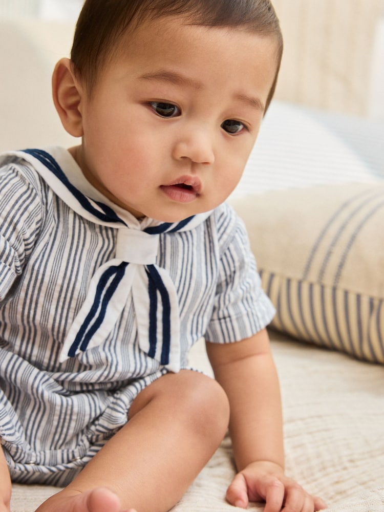 Blue Stripe Woven Baby Romper (0mths-3yrs)