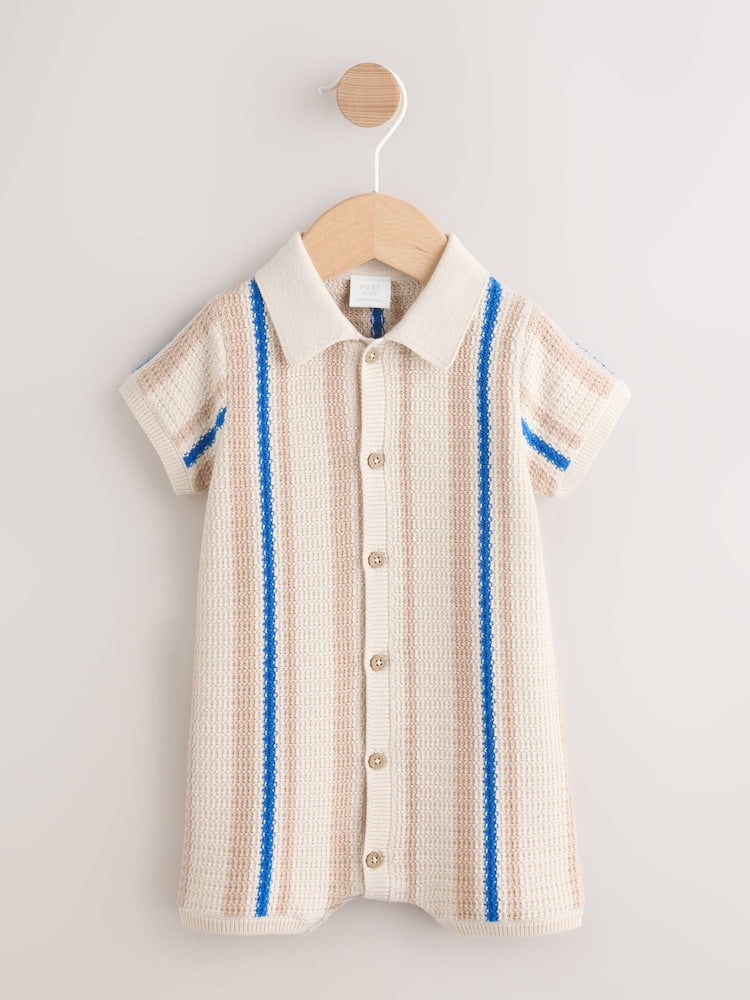 Blue/Neutral Stripe Knitted Baby Romper (0mths-3yrs) - 12-18 Months (80-86cm)