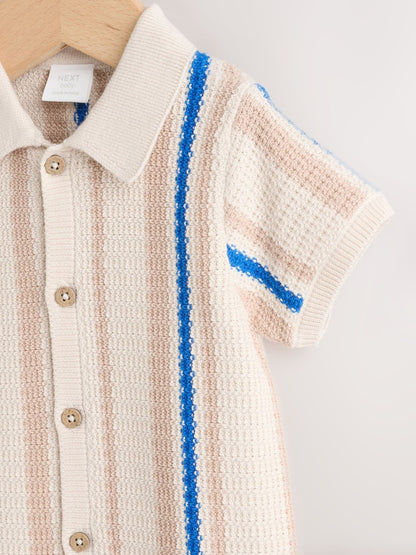 Blue/Neutral Stripe Knitted Baby Romper (0mths-3yrs)