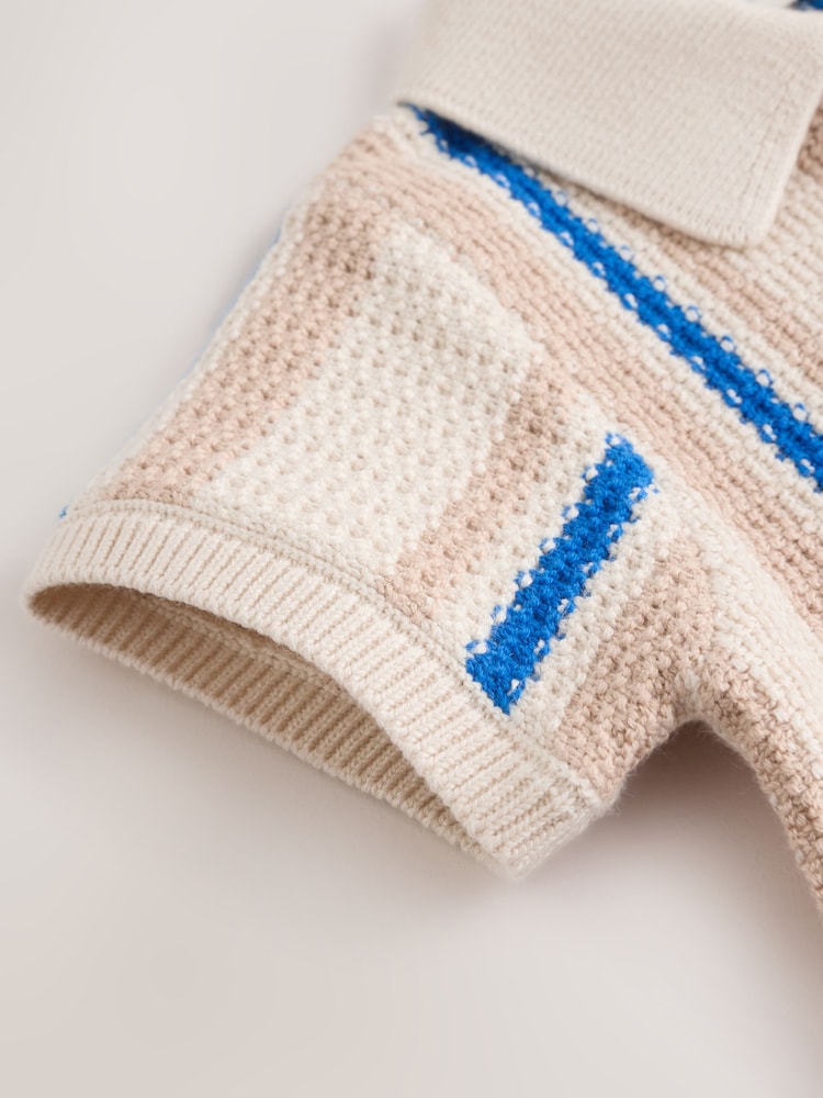 Blue/Neutral Stripe Knitted Baby Romper (0mths-3yrs)
