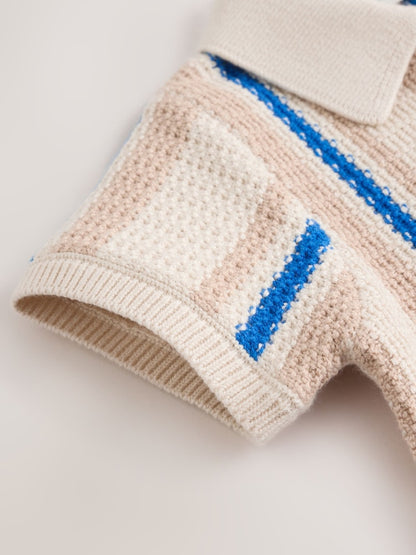 Blue/Neutral Stripe Knitted Baby Romper (0mths-3yrs)