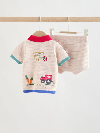 Neutral/Bright Farm Knitted Top and Shorts Baby Set (0mths-2yrs)