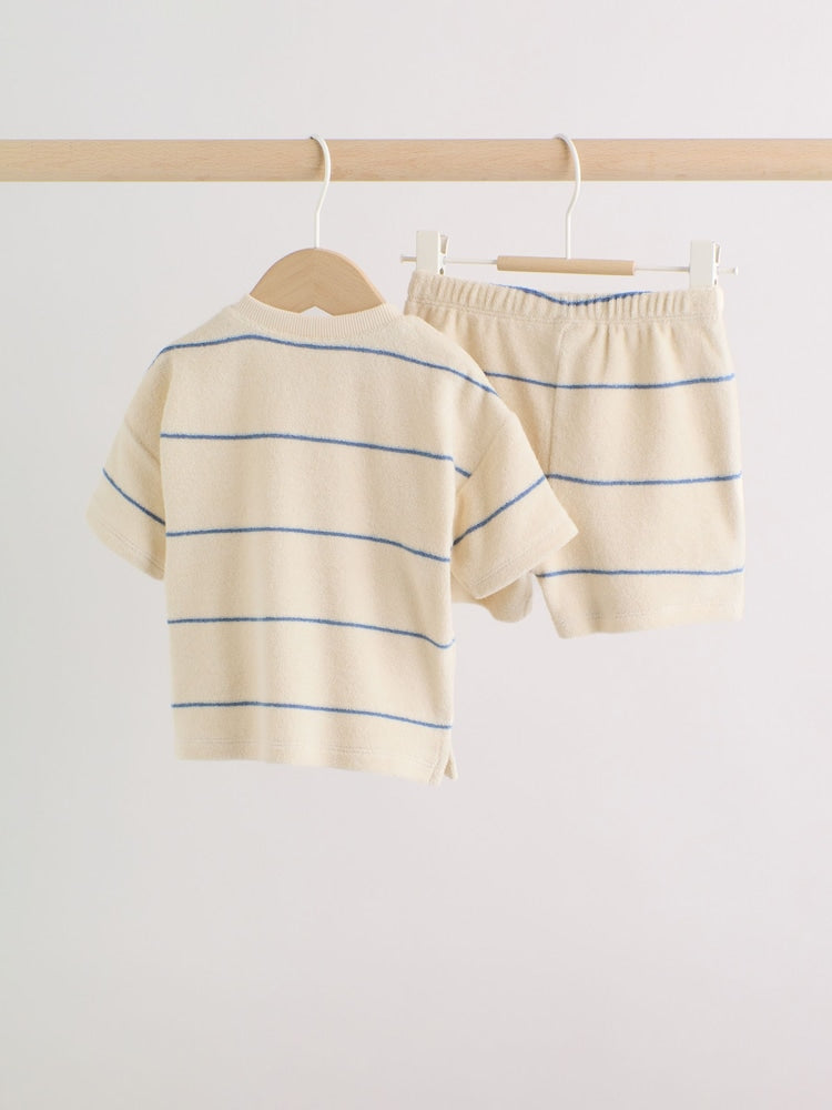 Neutral/Blue Stripe Top and Short Towelling Baby Set (0mths-2yrs)