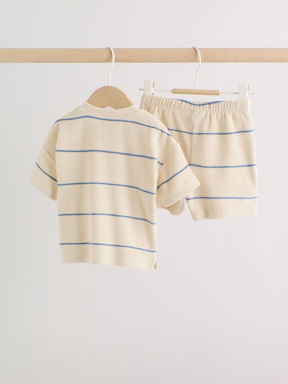 Neutral/Blue Stripe Top and Short Towelling Baby Set (0mths-2yrs)