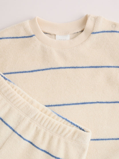 Neutral/Blue Stripe Top and Short Towelling Baby Set (0mths-2yrs)