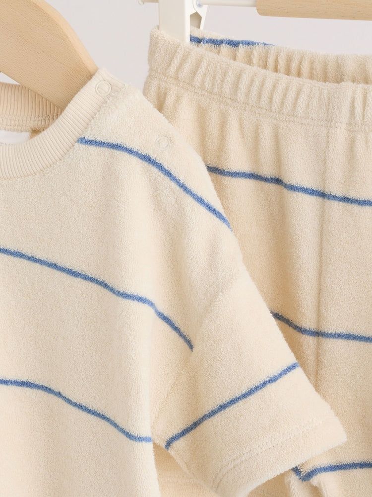 Neutral/Blue Stripe Top and Short Towelling Baby Set (0mths-2yrs)