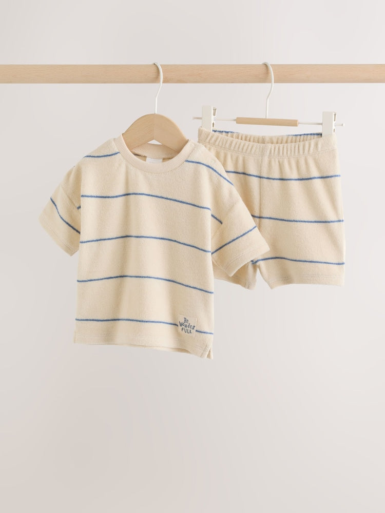 Neutral/Blue Stripe Top and Short Towelling Baby Set (0mths-2yrs)