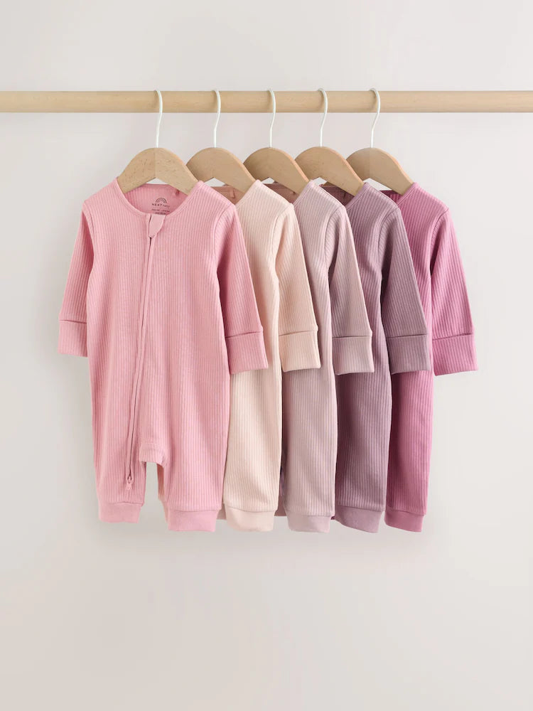 Pink 5 Pack Two Way Zip Baby Footless Sleepsuits (0mths-3yrs)