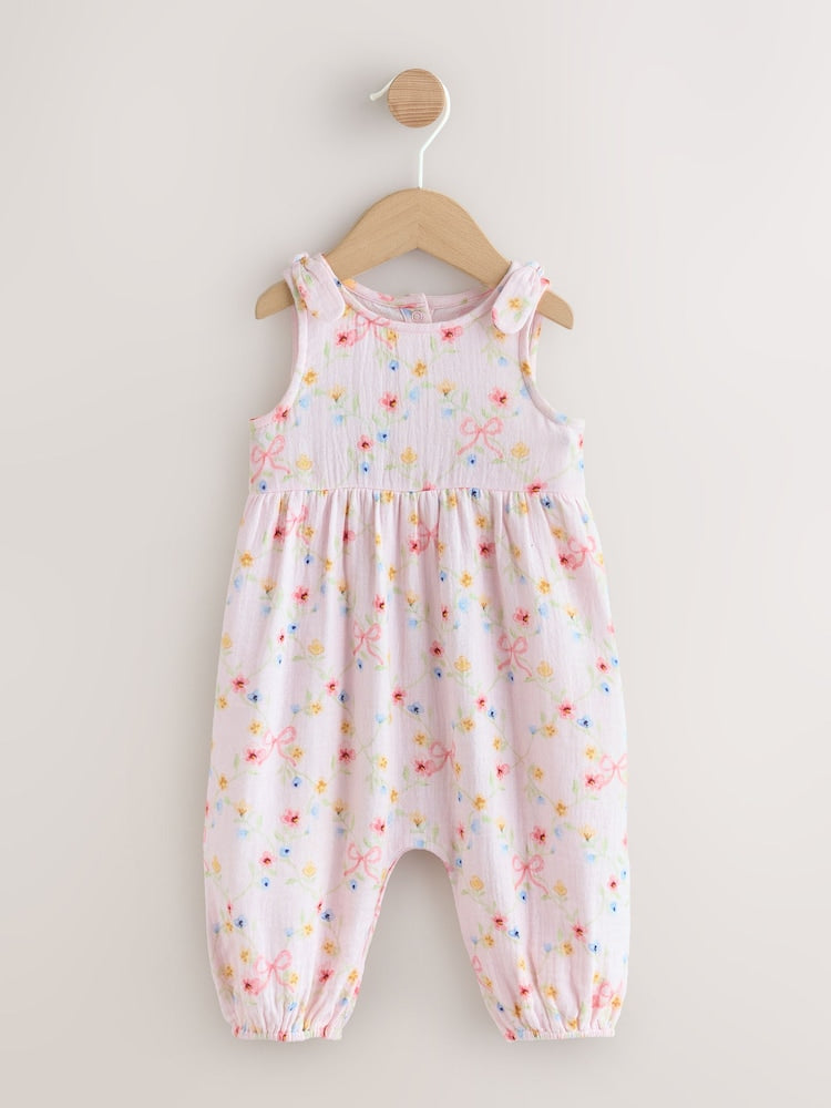 Pink Floral Baby Long Leg Muslin Romper (0mths-3yrs) - Pink Floral / 12-18 Months (80-86cm)