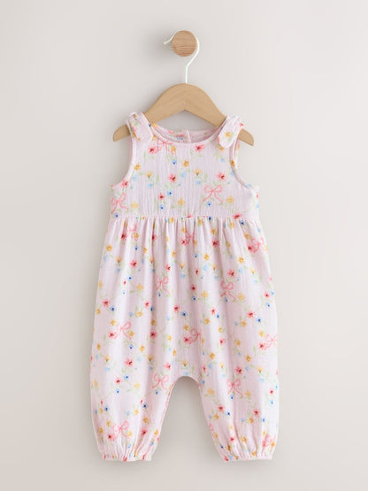 Pink Floral Baby Long Leg Muslin Romper (0mths-3yrs) - Pink Floral / 12-18 Months (80-86cm)
