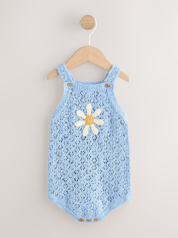Blue Daisy Knitted Baby Romper (0mths-2yrs)