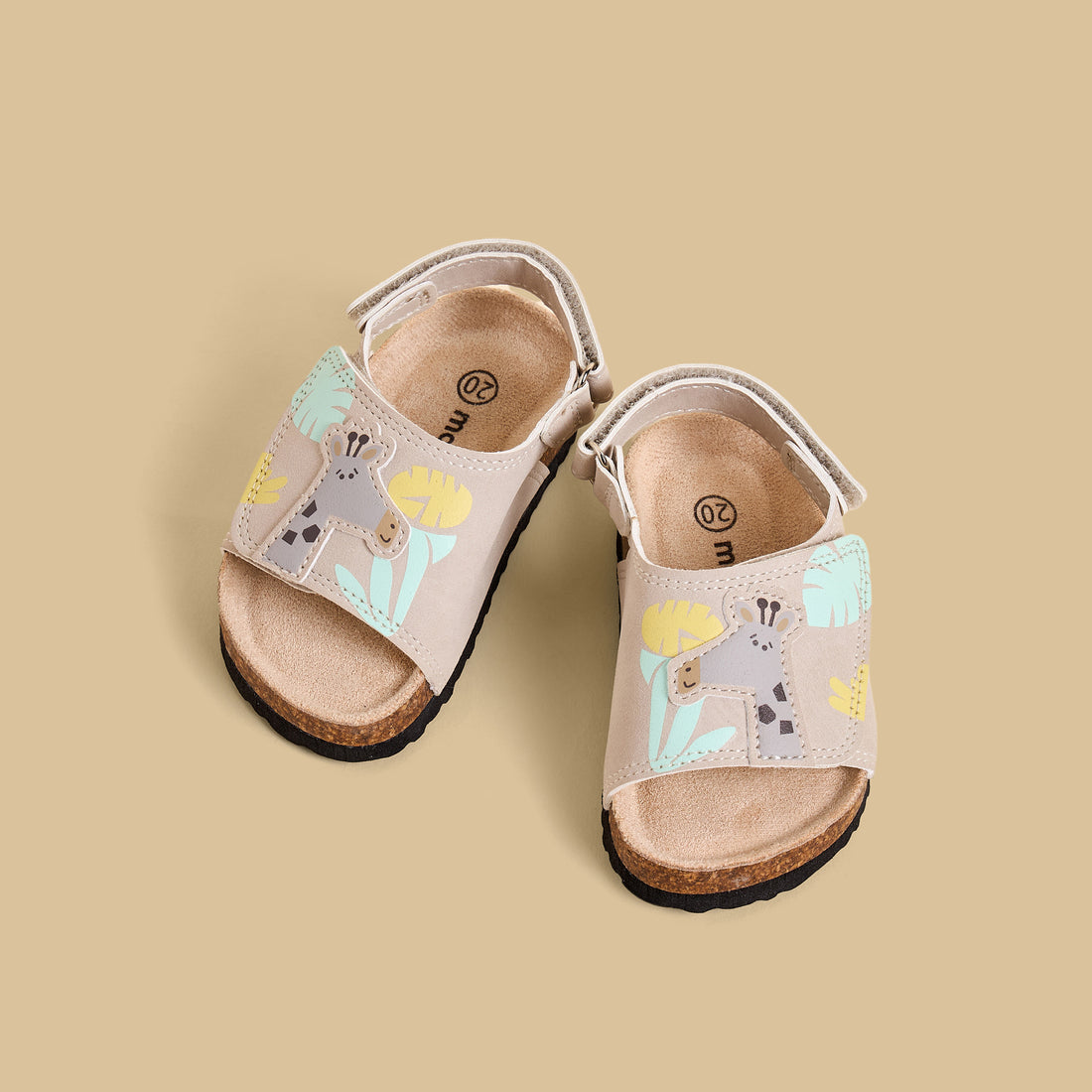 Giraffe Applique Sandals with Hook and Loop Closure - Cream / 20