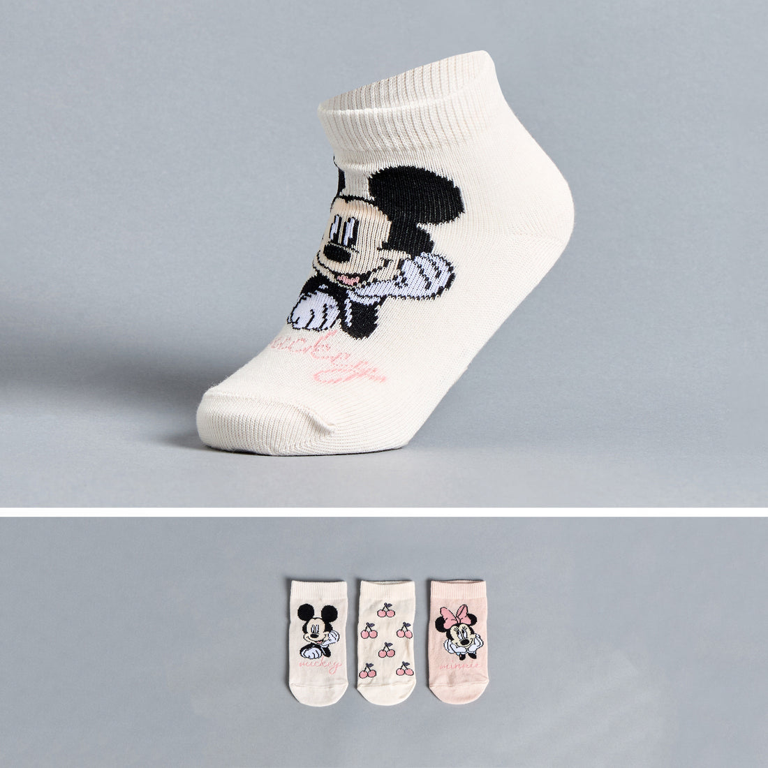 Pack of 3 - Mickey and Minnie Anti-Skid Ankle Length Socks - Multicolour / 15-16