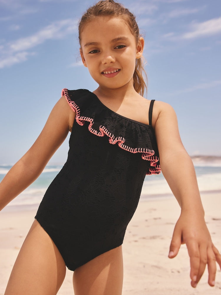 Black Embroidered One Shoulder Swimsuit (3-16yrs)