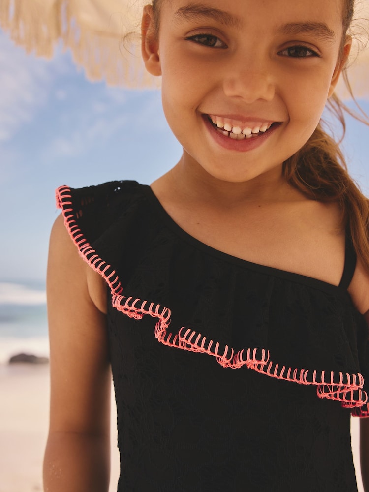 Black Embroidered One Shoulder Swimsuit (3-16yrs)