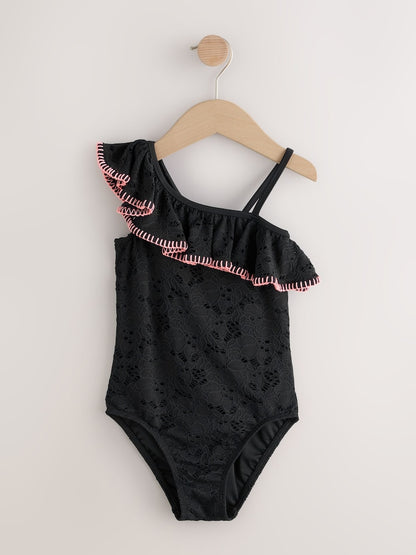 Black Embroidered One Shoulder Swimsuit (3-16yrs)