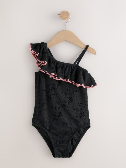Black Embroidered One Shoulder Swimsuit (3-16yrs) - Size 3 Years (98cm)