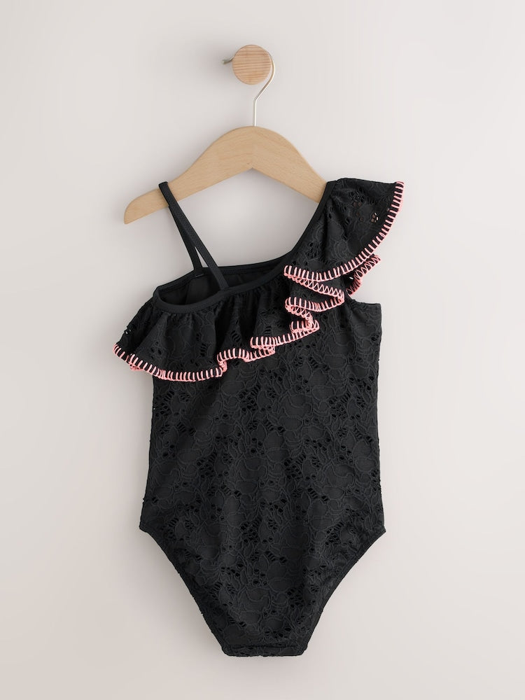 Black Embroidered One Shoulder Swimsuit (3-16yrs)