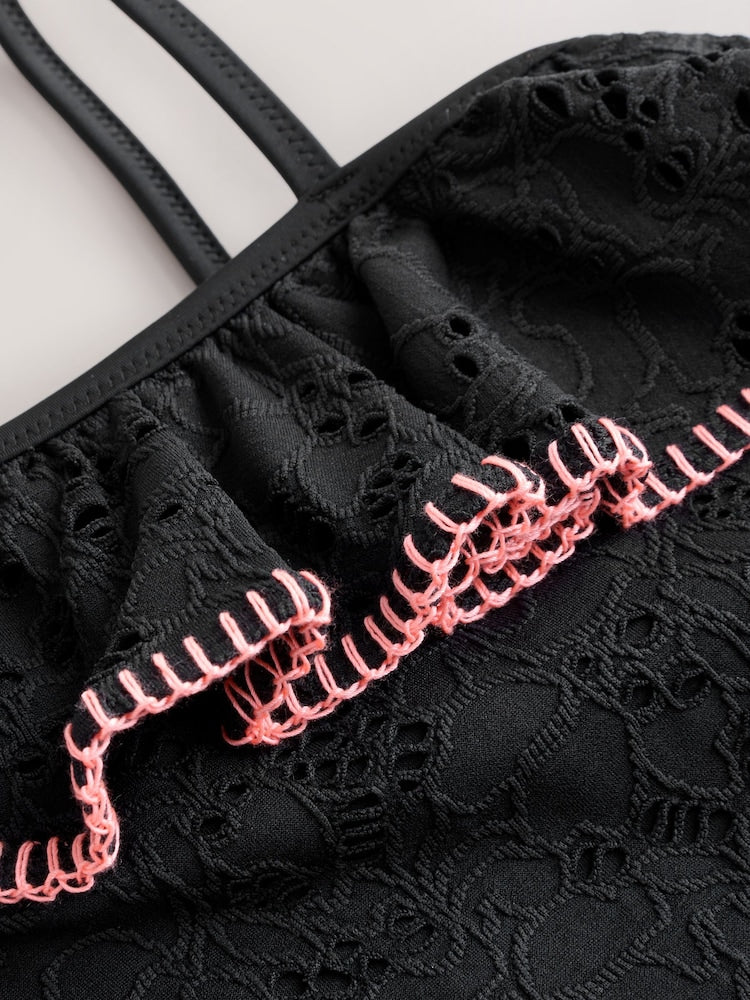 Black Embroidered One Shoulder Swimsuit (3-16yrs)