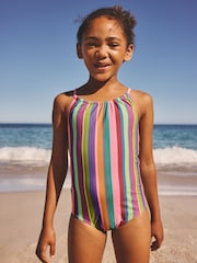 Multi Rainbow Stripe Strappy Ruched Swimsuit (3-16yrs) - Size 3 Years (98cm)